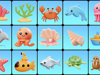 Cartoon Marine BioPrint Single Product Coral Crab Baker Pearl Submarine Turtle Sea Lion Starfish 3d model