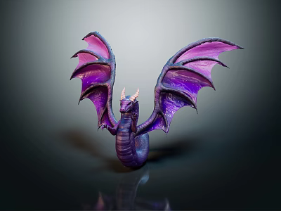 Purple Dragon Figurine With Pink Purple Gradient Wings And Horns On Dark Background 3d model