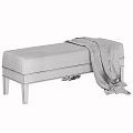 Light Blue and Beige Upholstered Sofa Bench with White Blanket Draped Over Dark Legs