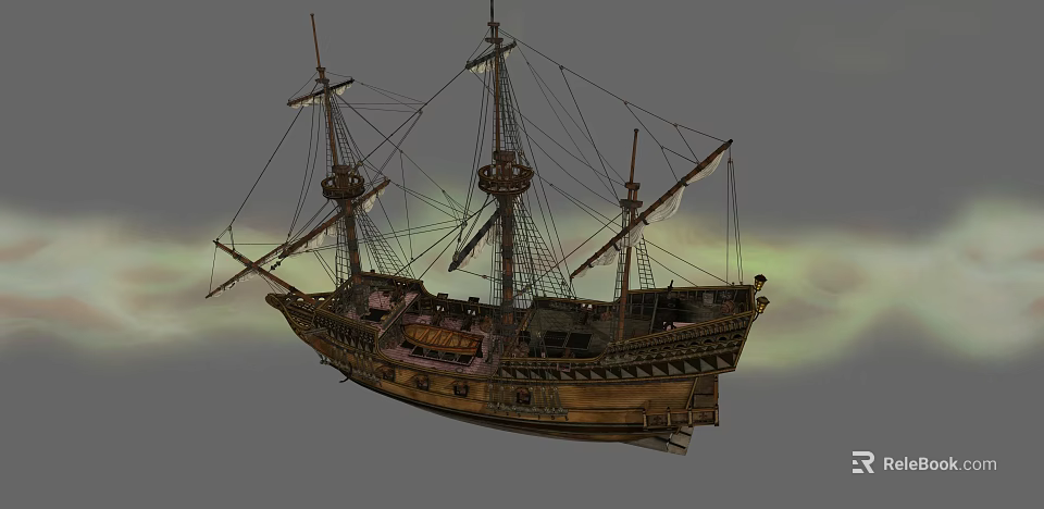 Ancient Wooden Sailing Ship With Multiple Masts Ropes And Sails 3d model