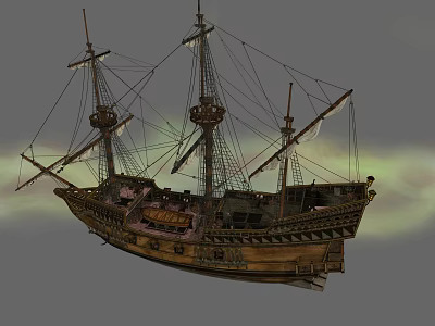 Ancient Wooden Sailing Ship With Multiple Masts Ropes And Sails 3d model