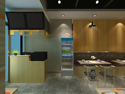 Modern Hot Pot Restaurant Interior With Wooden Decor Dining Tables And Beverage Cooler 3d model
