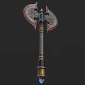 Ornate Battle Axe With Intricate Carvings And Blue Gemstone Accents