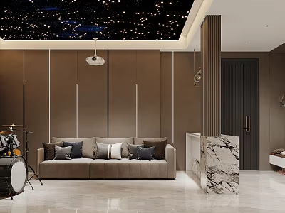 Luxurious Home Theater Interior With Starry Ceiling Brown Walls Sofa Drum Set And Marble Pillar 3d model