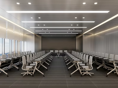 Modern Conference Room With Long Table Chairs Large Windows And Ceiling Light Strips 3d model