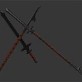 Crossed Swords With Red Wrapped Handles And Metal Blades On Gray Surface