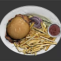 Delicious Homemade Burger Served With Crispy Fries Onion Rings And Ketchup