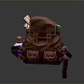 Vintage Brown Leather Backpack with Multiple Pockets Rolled Paper and Small Bottles