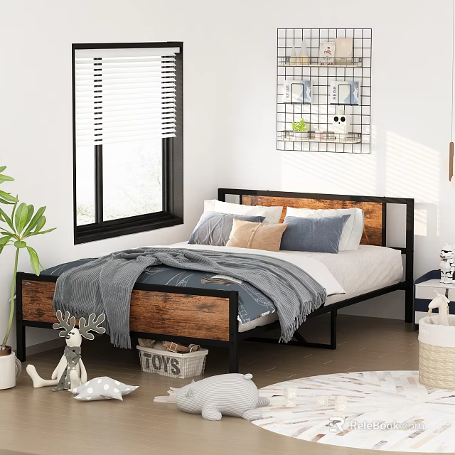 Cozy Bedroom With Wooden Metal Headboard Gray Blanket Pillows Window Blinds Plant And Toy Basket 3d model 