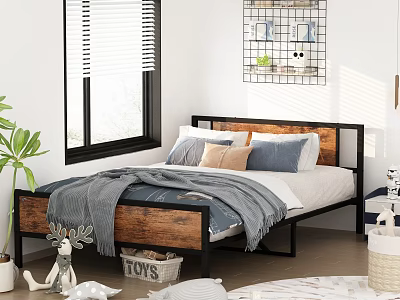 Cozy Bedroom With Wooden Metal Headboard Gray Blanket Pillows Window Blinds Plant And Toy Basket 3d model
