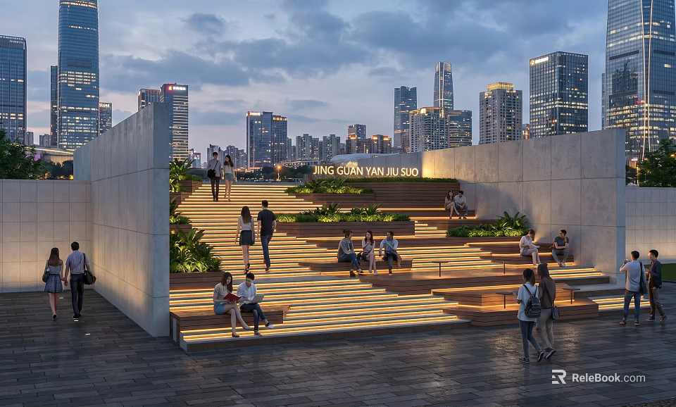 Modern City Step Landscape With Illuminated Steps Green Plants And People In Evening 3d model 