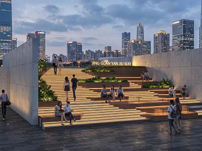 Modern City Step Landscape With Illuminated Steps Green Plants And People In Evening 3d model