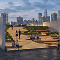 Modern City Step Landscape With Illuminated Steps Green Plants And People In Evening