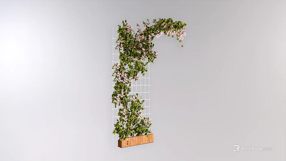 Climbing Vines With Pink Flowers Growing On Grid Structure And Wooden Planter 3d model 