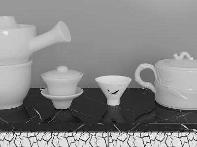 Traditional Tea Set With Teapot Covered Bowl Strainer And Teacup On Black Countertop 3d model