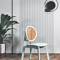 Light Blue Leisure Chair With Orange Woven Backrest Green Plant And Striped Wall Wooden Floor