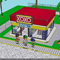 XOXO Convenience Store Building With Red Roof Palm Trees And Children Walking In Front