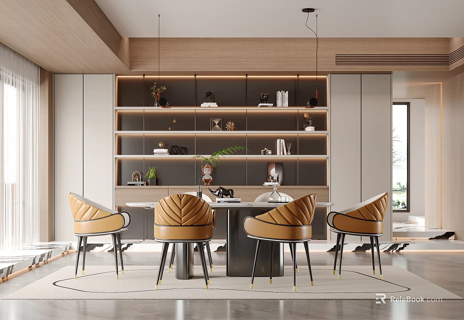 Modern Elegant Restaurant Interior With Dining Table Four Chairs Wooden Bookshelves Pendant Lights And Rug 3d model 