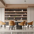 Modern Elegant Restaurant Interior With Dining Table Four Chairs Wooden Bookshelves Pendant Lights And Rug