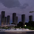 Evening Commercial Landscape With Tall Modern Buildings Circular Fountain Pedestrian Plaza And Ambient Lighting