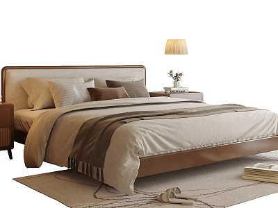 Modern Double Bed with Brown Headboard Pillows Throw Blanket Nightstand Table Lamp Flowers on Rug 3d model