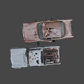 Old Rusted Red And White Abandoned Cars With Open Doors And Worn Exteriors