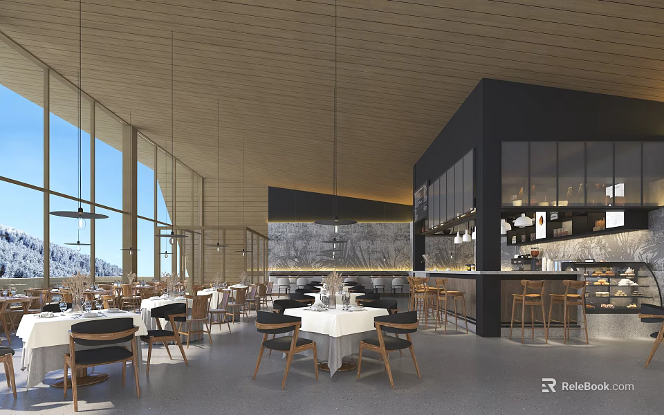 Modern Restaurant Interior With Large Windows Wooden Ceiling Marble Bar Counter And Tables 3d model 