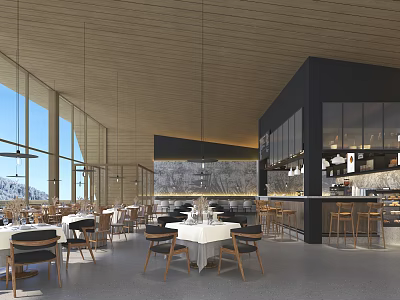 Modern Restaurant Interior With Large Windows Wooden Ceiling Marble Bar Counter And Tables 3d model