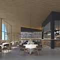 Modern Restaurant Interior With Large Windows Wooden Ceiling Marble Bar Counter And Tables