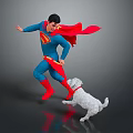 Superhero in Superman Costume Running With White Dog On Dark Reflective Surface