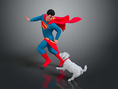 Superhero in Superman Costume Running With White Dog On Dark Reflective Surface 3d model