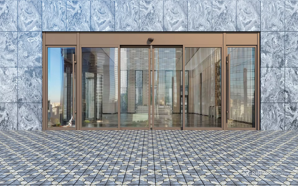 Modern Building Entrance With Glass Doors Gray Textured Wall And Patterned Paved Ground 3d model 