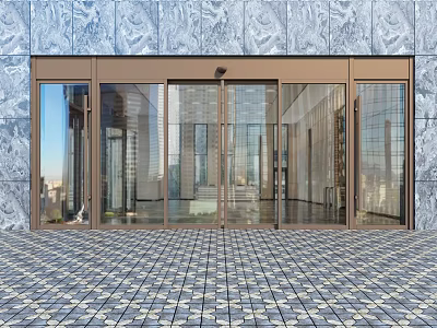 Modern Building Entrance With Glass Doors Gray Textured Wall And Patterned Paved Ground 3d model