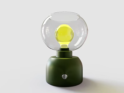 Modern Table Lamp With Green Base Transparent Spherical Shade Yellow Bulb And Silver Button 3d model