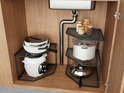 Black Metal Layered Kitchen Shelf Rack for Pots and Jars in Cabinet 3d model
