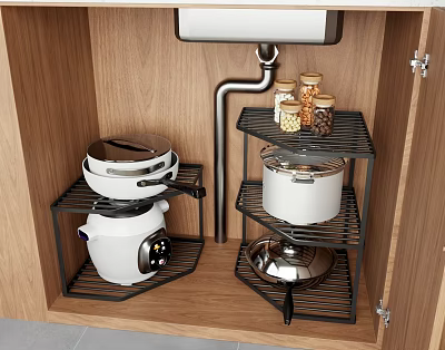 Black Metal Layered Kitchen Shelf Rack for Pots and Jars in Cabinet 3d model