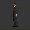 Man Wearing Brown Coat White Shirt Blue Gloves Gray Pants Black Shoes Against Gray Background