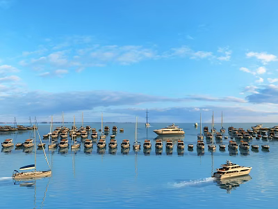 Numerous Sailboats Moored in Calm Marina Waters With Blue Sky Clouds and Distant Yacht 3d model