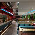 Modern Restaurant Interior With Neon Lights Open Layout And Marble Flooring