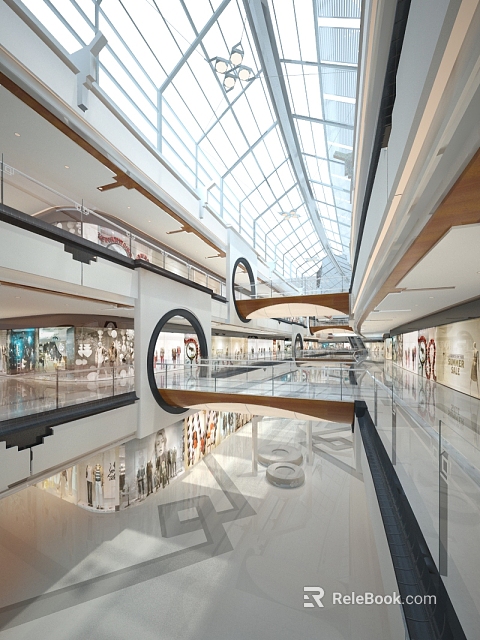 Modern Shopping Mall Interior With Glass Roof Bright Shops Multiple Floors And Corridors 3d model 