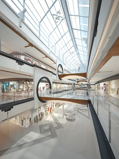 Modern Shopping Mall Interior With Glass Roof Bright Shops Multiple Floors And Corridors 3d model