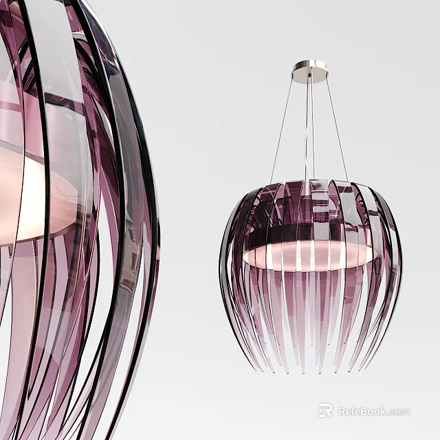 Modern Purple Transparent Striped Glass Spherical Pendant Light With Metal Chain 3d model 