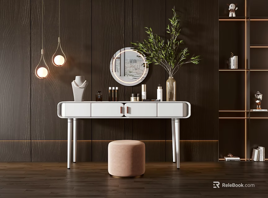 Modern Dressing Table with Round Mirror Pink Stool and Hanging Lights on Dark Wooden Background 3d model 