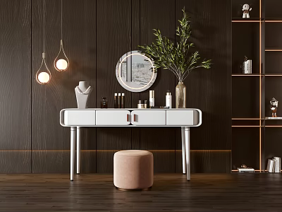Modern Dressing Table with Round Mirror Pink Stool and Hanging Lights on Dark Wooden Background 3d model