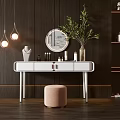 Modern Dressing Table with Round Mirror Pink Stool and Hanging Lights on Dark Wooden Background