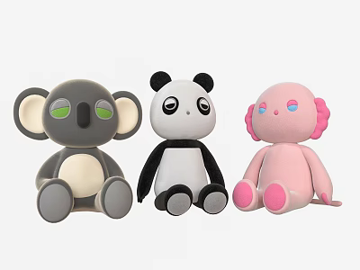 Cute Stuffed Animals Gray Koala Black White Panda Pink Doll Sitting Together 3d model