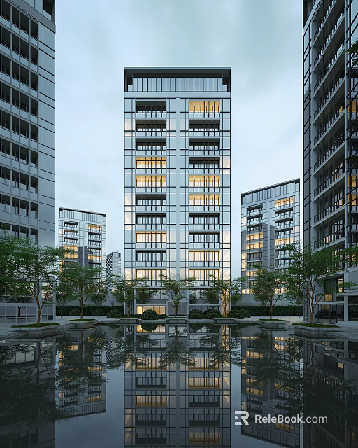 Modern High Rise Building Exterior With Glass Curtain Walls And Water Reflection 3d model 