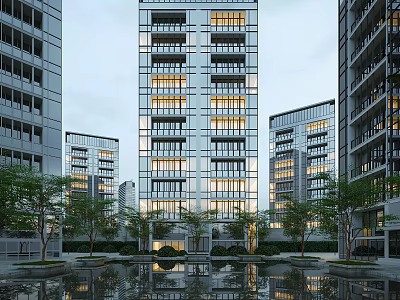 Modern High Rise Building Exterior With Glass Curtain Walls And Water Reflection 3d model