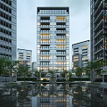 Modern High Rise Building Exterior With Glass Curtain Walls And Water Reflection
