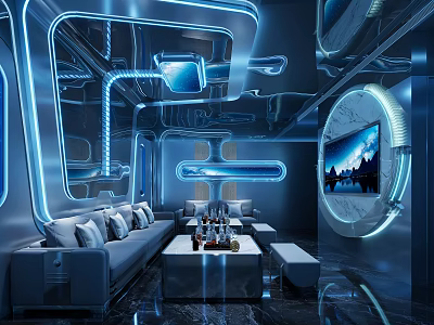 Futuristic KTV Lounge With Neon Lights Metal Pipes Sofas Tables TV And Tech Design 3d model